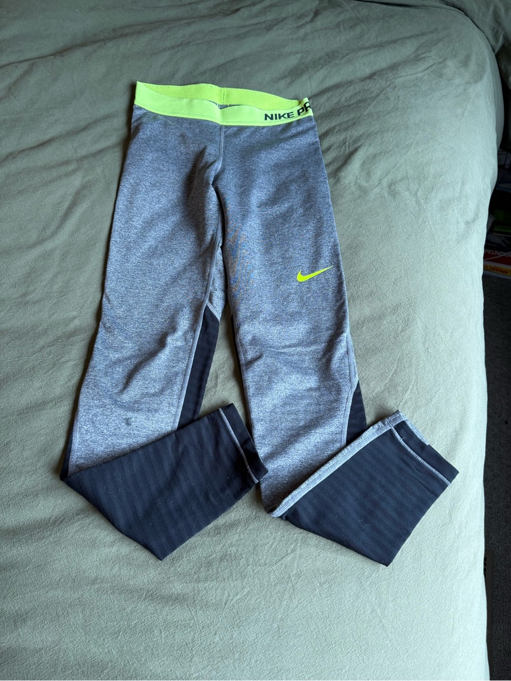 Nike Pro Gray Leggings with Neon Green Waistband